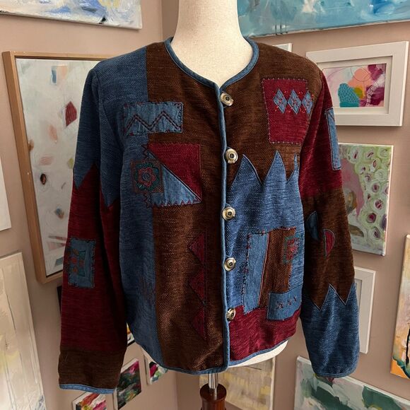 Koret Jackets & Blazers - Vintage Koret City Blues Patchwork Chenille Jacket Geometric Boho Artsy Size M